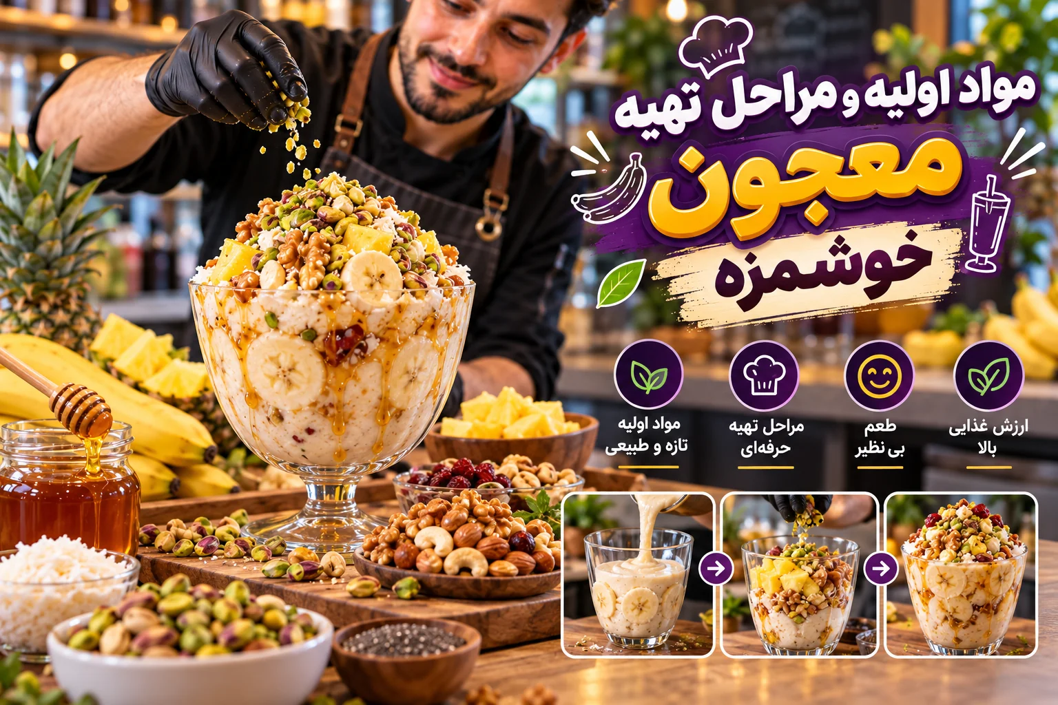 مواد اولیه و مراحل درست کردن معجون حرفه‌ای شامل موز، عسل، شیر و مغزها
